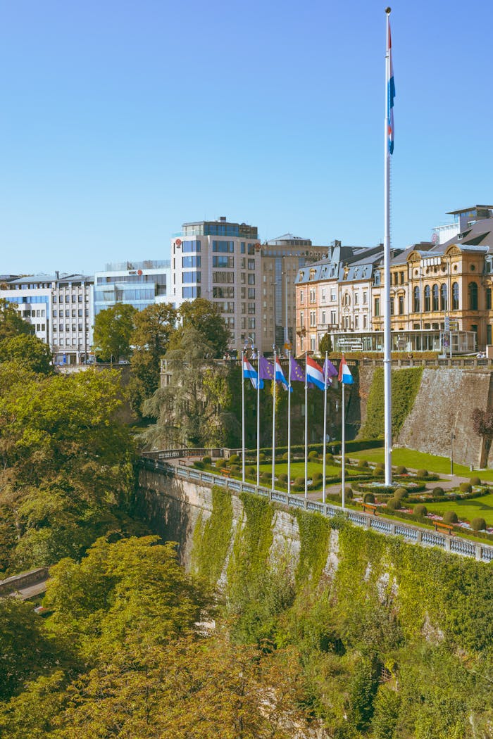 A beautiful view of Luxembourg with flags, historic buildings, and greenery under a clear blue sky.