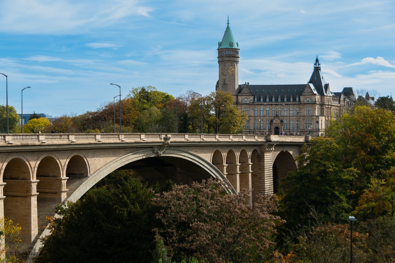 Scenic view of Luxembourg City's Adolphe Bridge and historical architecture.